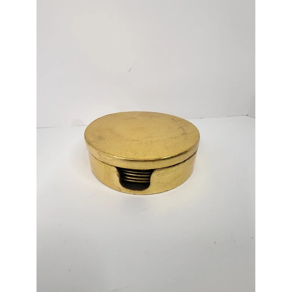 Vintage 1998 Royal Gallery Gold Leaf Coasters Set of 6 with Lidded Holder